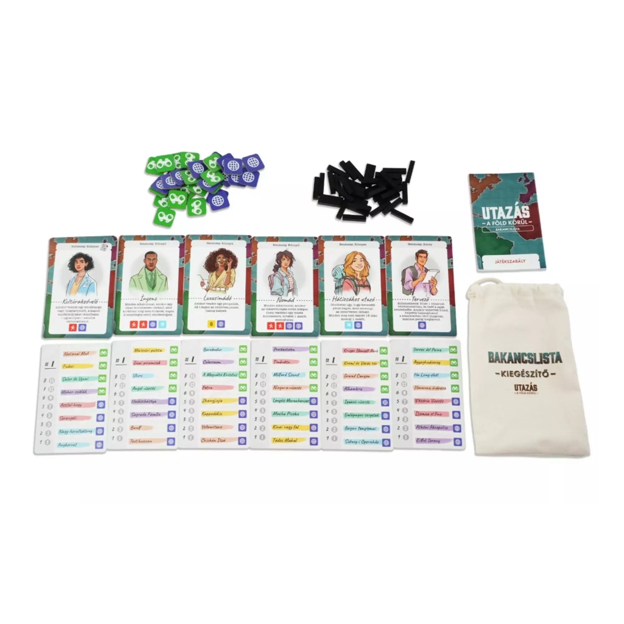 Az Utazás a Föld körül karakterkártyái és Bakancslista kiegészítő elemei: különböző szereplők, zsetonok és utazási célokat jelző táblák.
