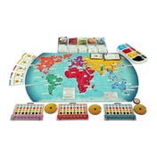 Az Utazás a Föld körül társasjáték kiterített játéktáblája, amely világtérképet ábrázol régiókkal, repülőterekkel és utazási útvonalakkal.