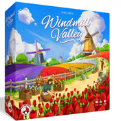 A Windmill Valley társasjáték színes doboza, amelyen egy virágmezőkkel teli dombos táj látható szélmalmokkal, ültető emberekkel és tarka tulipánokkal.