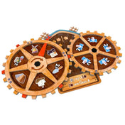 A Windmill Valley játék fogaskerék rendszere, fából készült elemekkel és rajtuk akcióikonokkal, amelyek a játék mechanikájának fontos részét képezik.