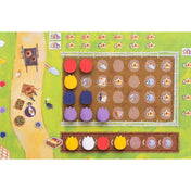 A Windmill Valley egyik játéktáblája, rajta különböző színű tulipán jelölőkkel és ikonokkal a mezőkön, valamint egy sétáló karakter grafikájával a bal oldalon.