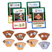 A Windmill Valley játék karakterkártyái és különféle fejlesztéslapkái, melyeken szimbólumok és jutalmak láthatók.