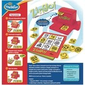 A ThinkFun Zingo! társasjáték hátoldala, amely bemutatja a játékmenetet lépésről lépésre, valamint a játék tartalmát, korosztályi ajánlását és fejlesztési előnyeit.