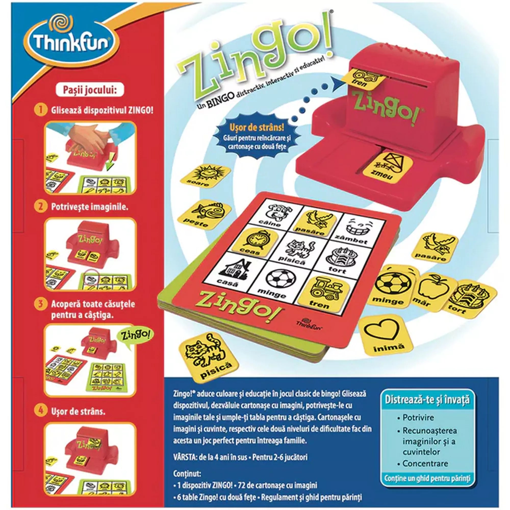 A ThinkFun Zingo! társasjáték hátoldala, amely bemutatja a játékmenetet lépésről lépésre, valamint a játék tartalmát, korosztályi ajánlását és fejlesztési előnyeit.