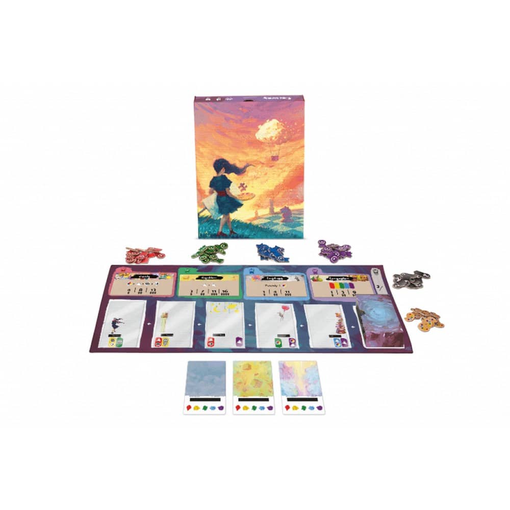 A "Canvas: Festői vásznak" társasjáték doboza és játéktáblája a hozzá tartozó kártyákkal és tokenekkel. A játék esztétikus grafikákat és színes elemeket tartalmaz, melyek művészi élményt nyújtanak.