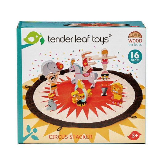 Sacul cu povești de la circ, din lemn premium - Circus Stacker - 16 piese, conține o planșă din material textil - Tender Leaf Toys-Tender Leaf Toys-1-Jocozaur