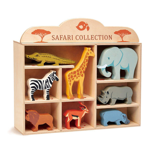 Animăluțe savană pe raft, din lemn premium - Safari Collection - 8 piese - Tender Leaf Toys-Tender Leaf Toys-1-Jocozaur