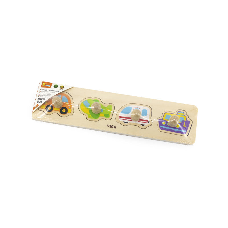 Puzzle din lemn cu butoane Vehicule, 4 piese, Viga