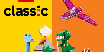 LEGO® Classic: kreatív dinoszaurusz és vulkán szett, színes építőelemekkel, amely fejleszti a gyerekek képzelőerejét és alkotókészségét.