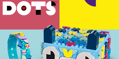 LEGO® DOTS: színes kreatív készlet karkötővel és tárolódobozzal, amely lehetővé teszi az egyedi minták és kiegészítők megalkotását.
