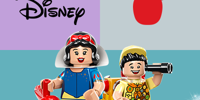 LEGO® Disney: Hófehérke és egy törpe minifigurája, ikonikus kiegészítőkkel a Disney mesevilágának életre keltéséhez.