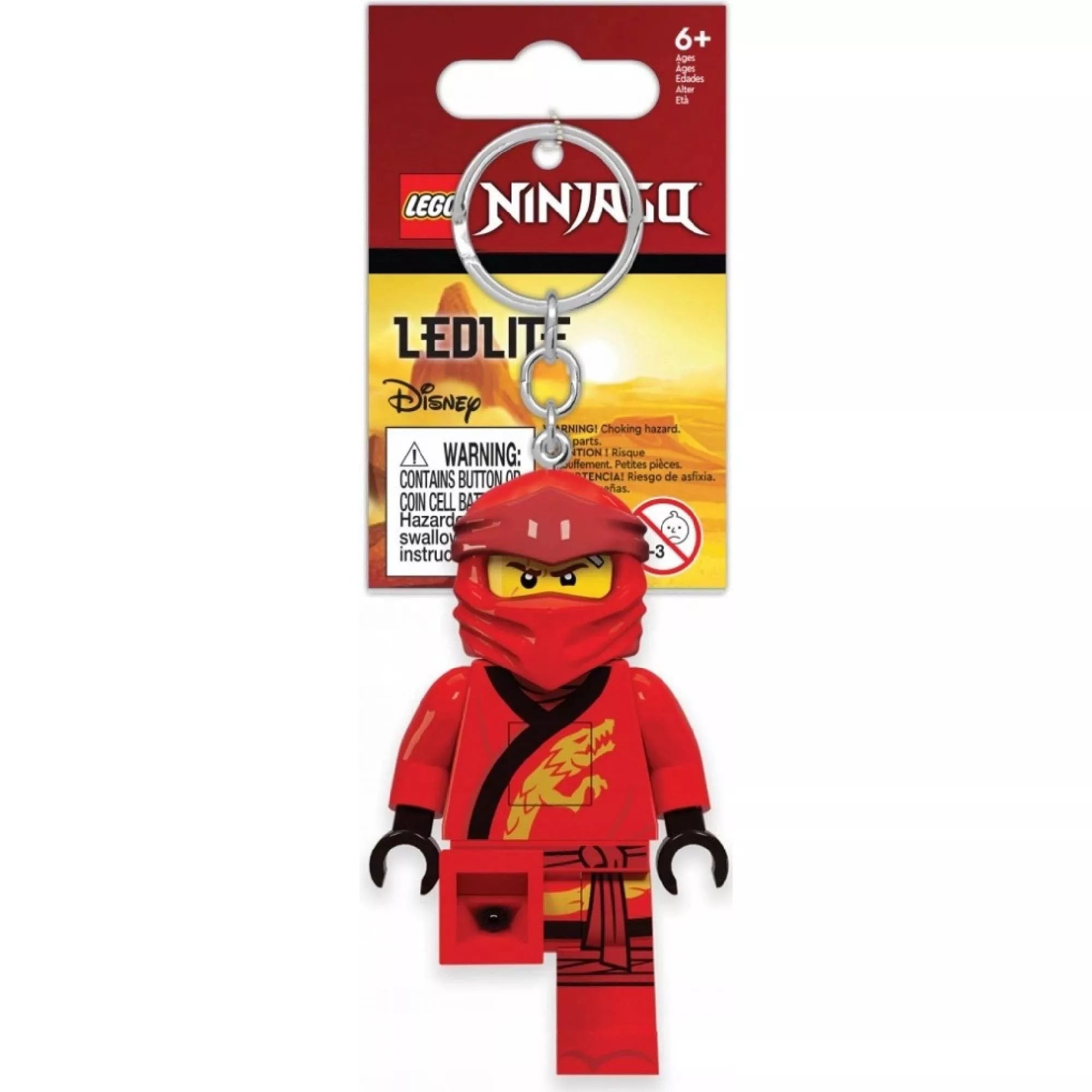 LEGO NINJAGO LED kulcstartó – piros nindzsa minifigura LED-lámpával, fém kulcskarikával, eredeti LEGO csomagolásban, 6 éves kortól ajánlva.