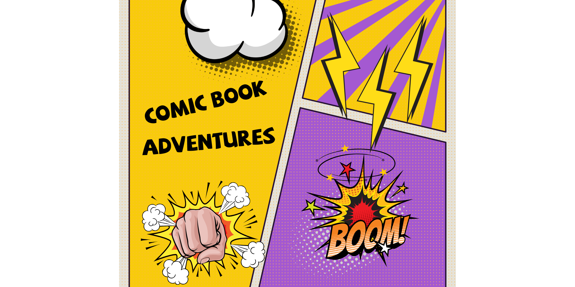 Képregényes kalandok – Élénk, színes grafikai dizájn képregényes hatásokkal, amelyen egy ököl, villámcsapás és a "Boom!" felirat látható.