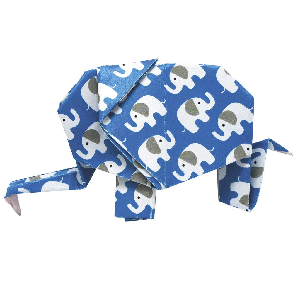 Fridolin vicces Origami - Elefánt - hajtogatott elefant, kek alapon elefant mintaval