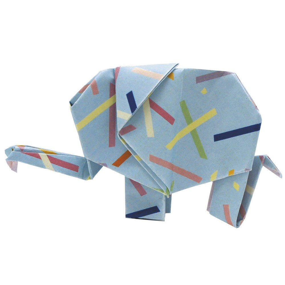 Origami amuzant Fridolin - Elefant cu fundal albastru si linii colorate