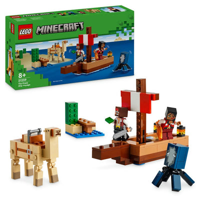 LEGO Minecraft Calatorie pe corabia de pirati 21259 cutie si elemente de joc