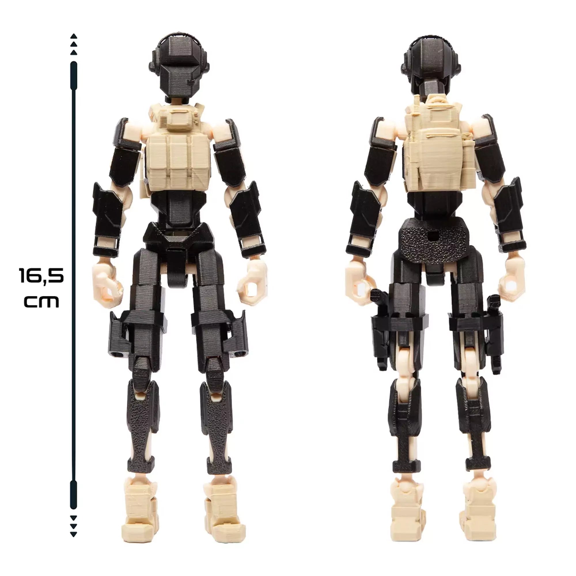 3D Robotfigura R13: Kommandó típus, metalizált fekete-krém, 16,5 cm magas, hát- és elölnézetben.