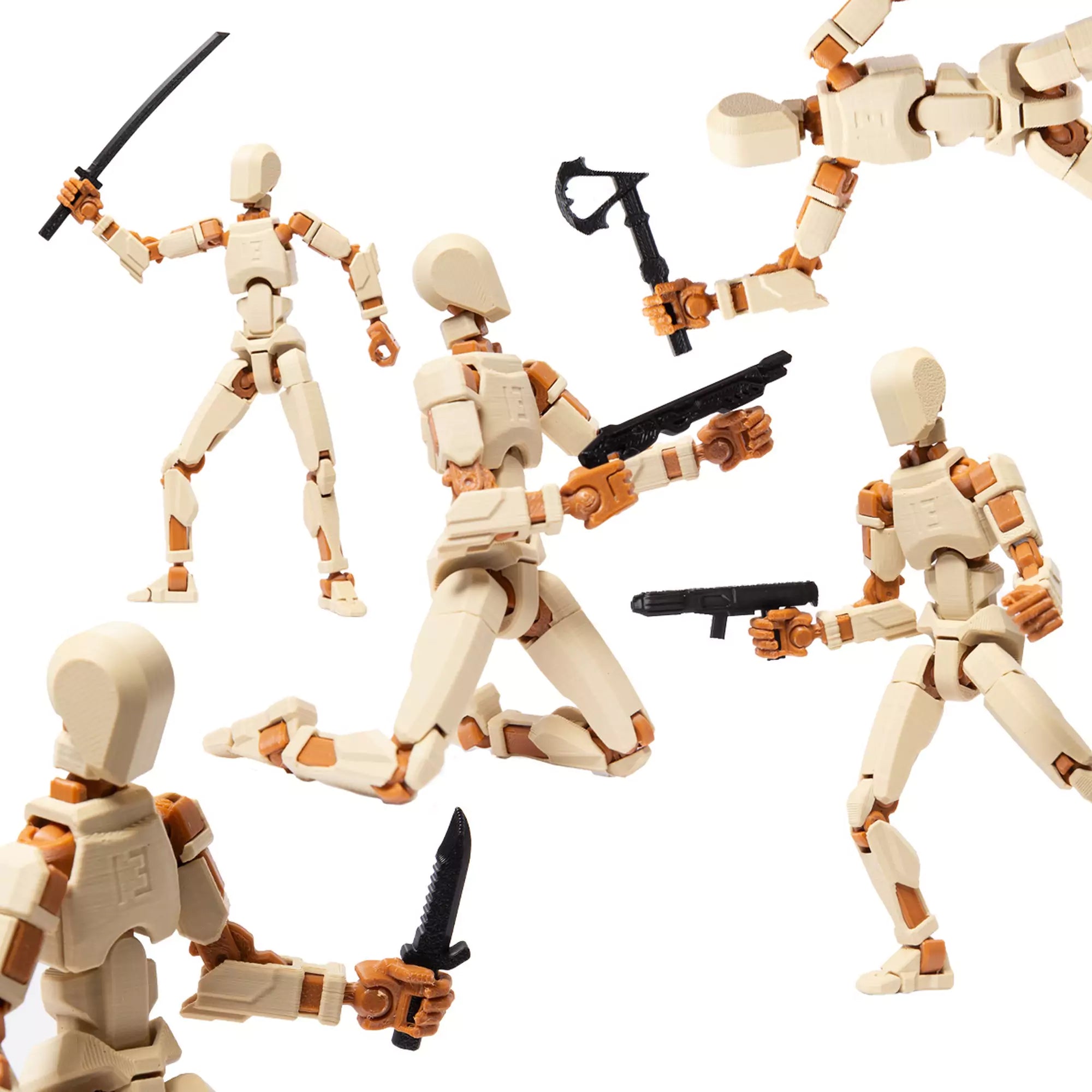3D Robotfigura R13: Krém-barna akcióban – A figura dinamikus pózokban, különféle harci helyzetekben, shotgun, kard és egyéb fegyverekkel felszerelve.