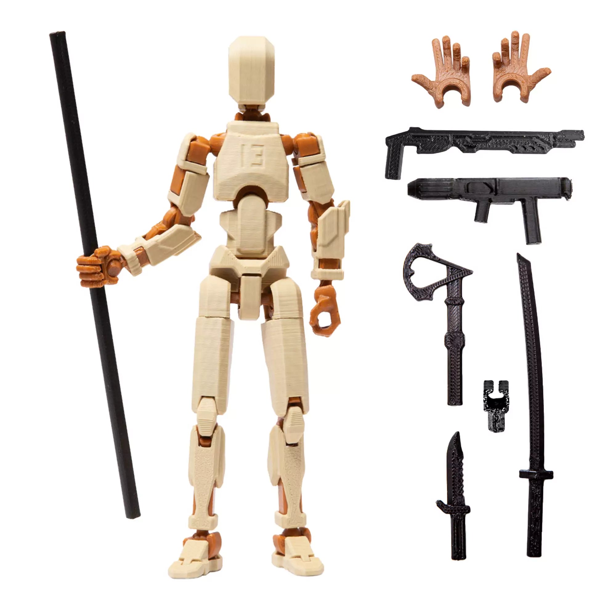 3D Robotfigura R13: Krém-barna – Teljesen mozgatható, 3D-nyomtatott akciófigura cserélhető fegyverekkel és kiegészítőkkel, ideális sci-fi rajongóknak.