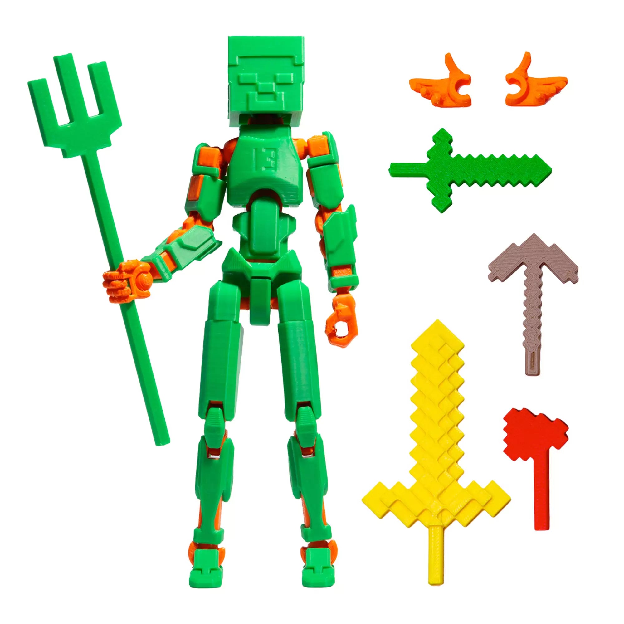 3D Robotfigura R13: Minecraft típus, zöld-narancssárga – Egyedi, kockafejű akciófigura tridenttel és pixelált fegyverekkel a kalandokhoz.