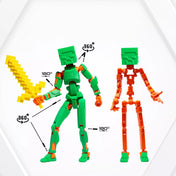 3D Robotfigura R13: Minecraft típus, zöld-narancssárga – Teljes mozgástartományt bemutató kép, amely a figura rugalmasságát szemlélteti.