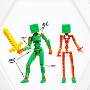 3D Robotfigura R13: Minecraft típus, zöld-narancssárga – Teljes mozgástartományt bemutató kép, amely a figura rugalmasságát szemlélteti.