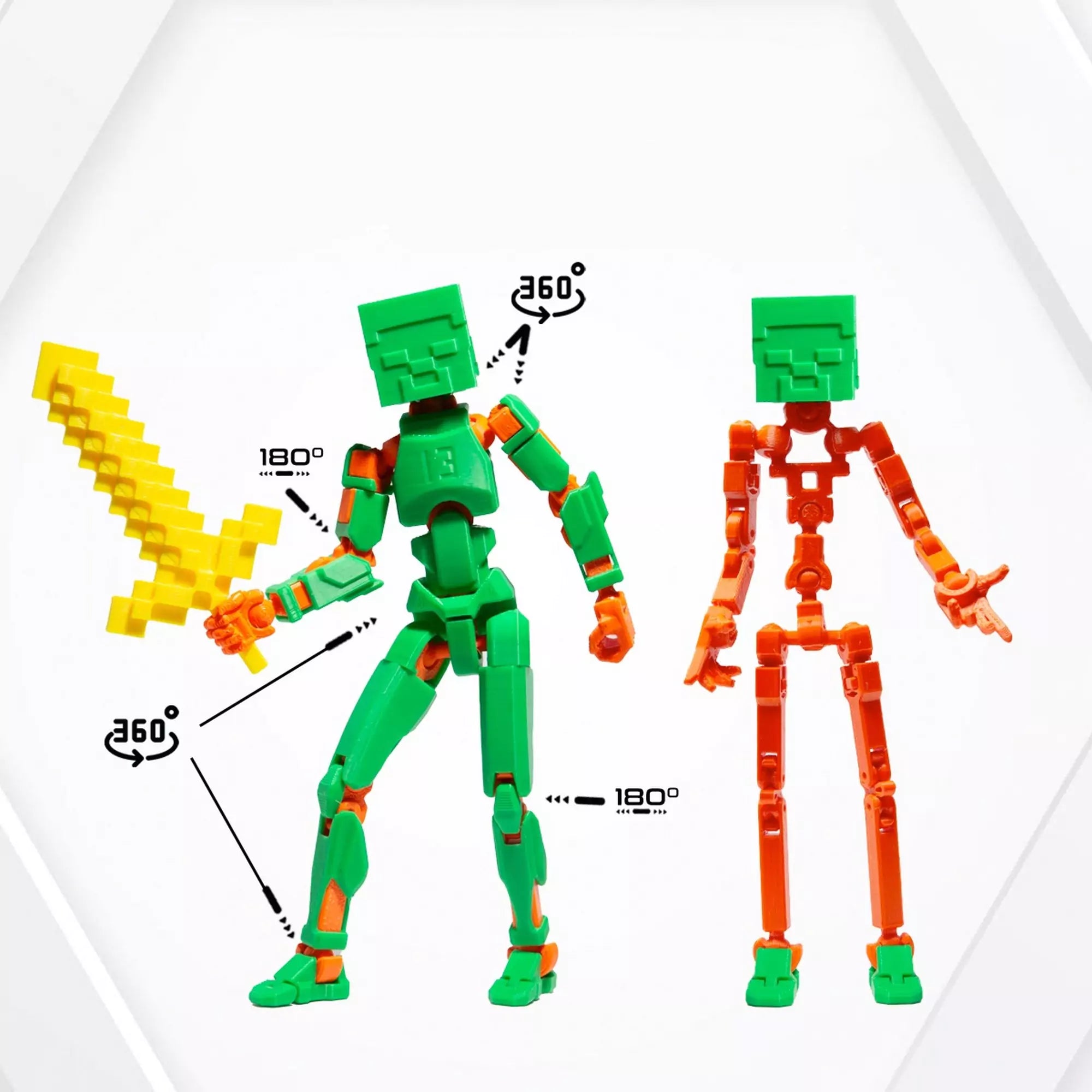 3D Robotfigura R13: Minecraft típus, zöld-narancssárga – Teljes mozgástartományt bemutató kép, amely a figura rugalmasságát szemlélteti.