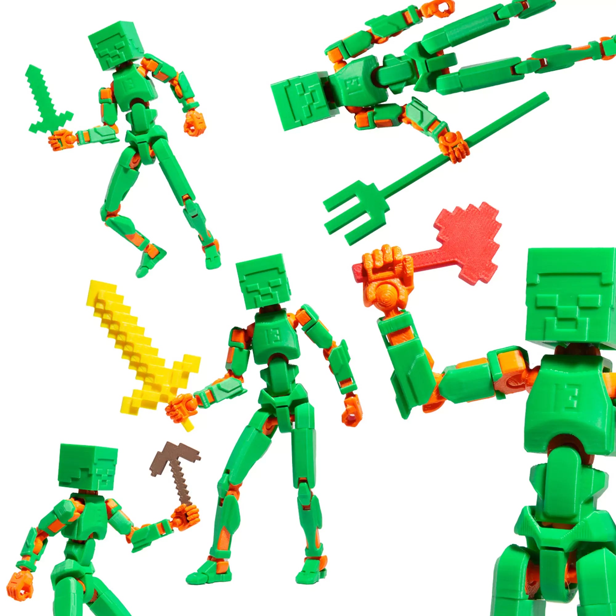3D Robotfigura R13: Minecraft típus, zöld-narancssárga – Dinamikus pózokban megörökített harci jelenetek pixelált fegyverekkel.