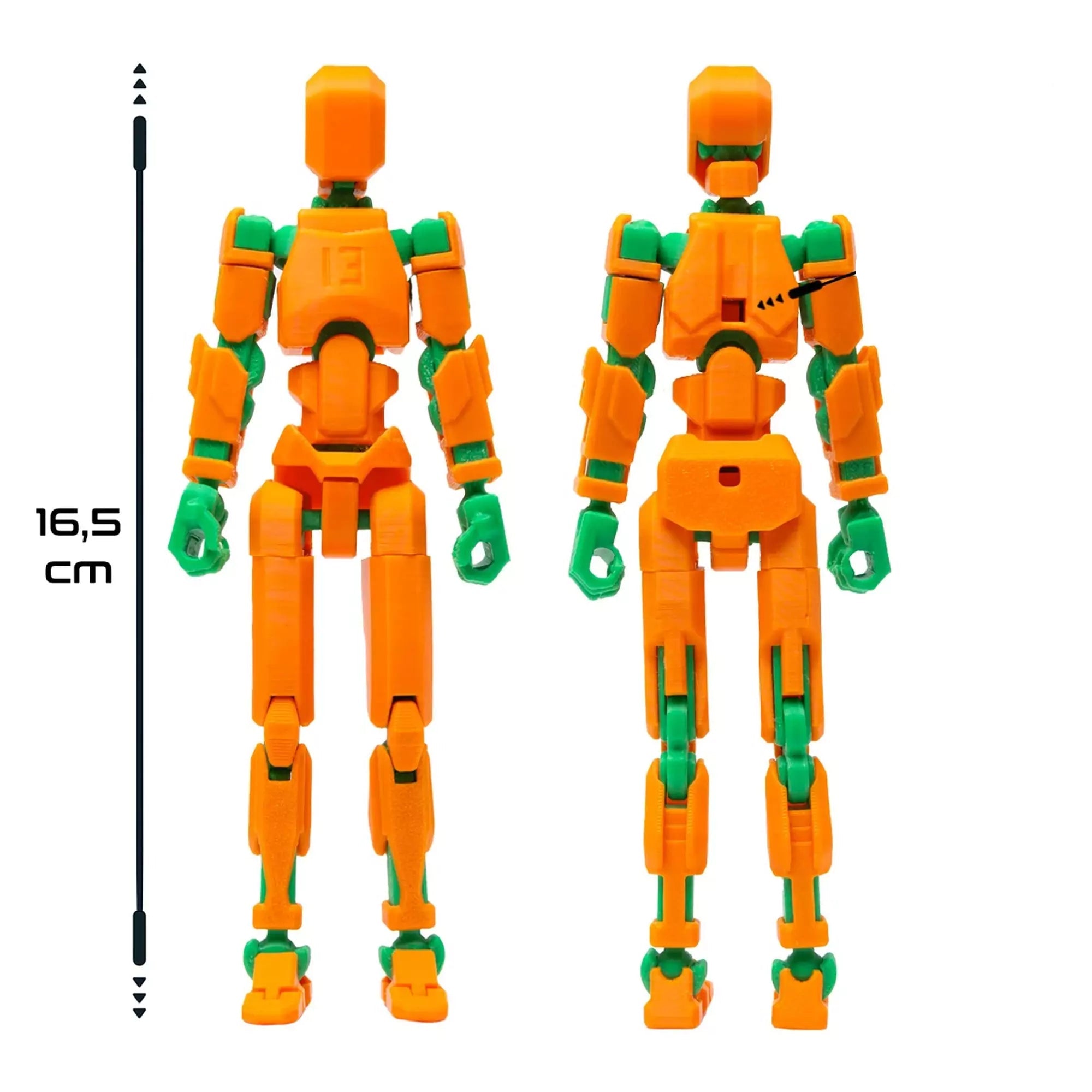 D Robotfigura R13: Narancssárga-zöld méretarány – Az elölről és hátulról látható figura 16,5 cm magas, részletes kidolgozással és mozgatható ízületekkel.