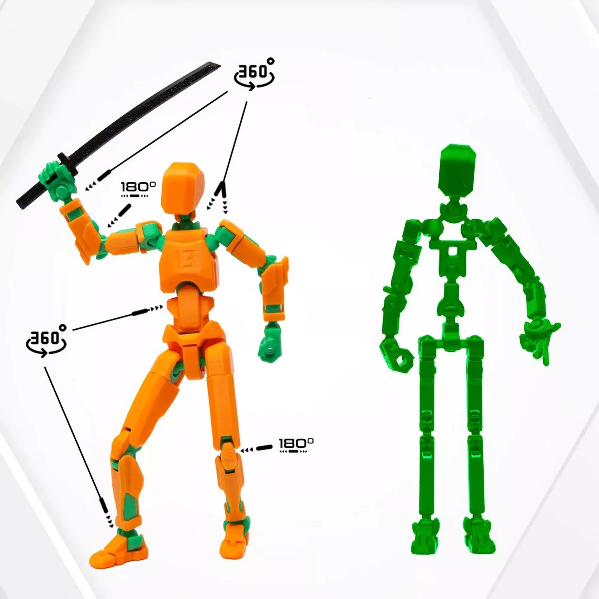 3D Robotfigura R13: Narancssárga-zöld mozgathatóságának bemutatása – A figura 360 fokban mozgatható ízületekkel rendelkezik, így számos harci pózba állítható.