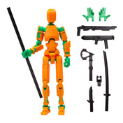 3D Robotfigura R13: Narancssárga-zöld teljes fegyverzettel – A mozgatható robotfigura és tartozékai, beleértve a shotgun-t, kardokat és egyéb fegyvereket.