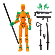 3D Robotfigura R13: Narancssárga-zöld teljes fegyverzettel – A mozgatható robotfigura és tartozékai, beleértve a shotgun-t, kardokat és egyéb fegyvereket.