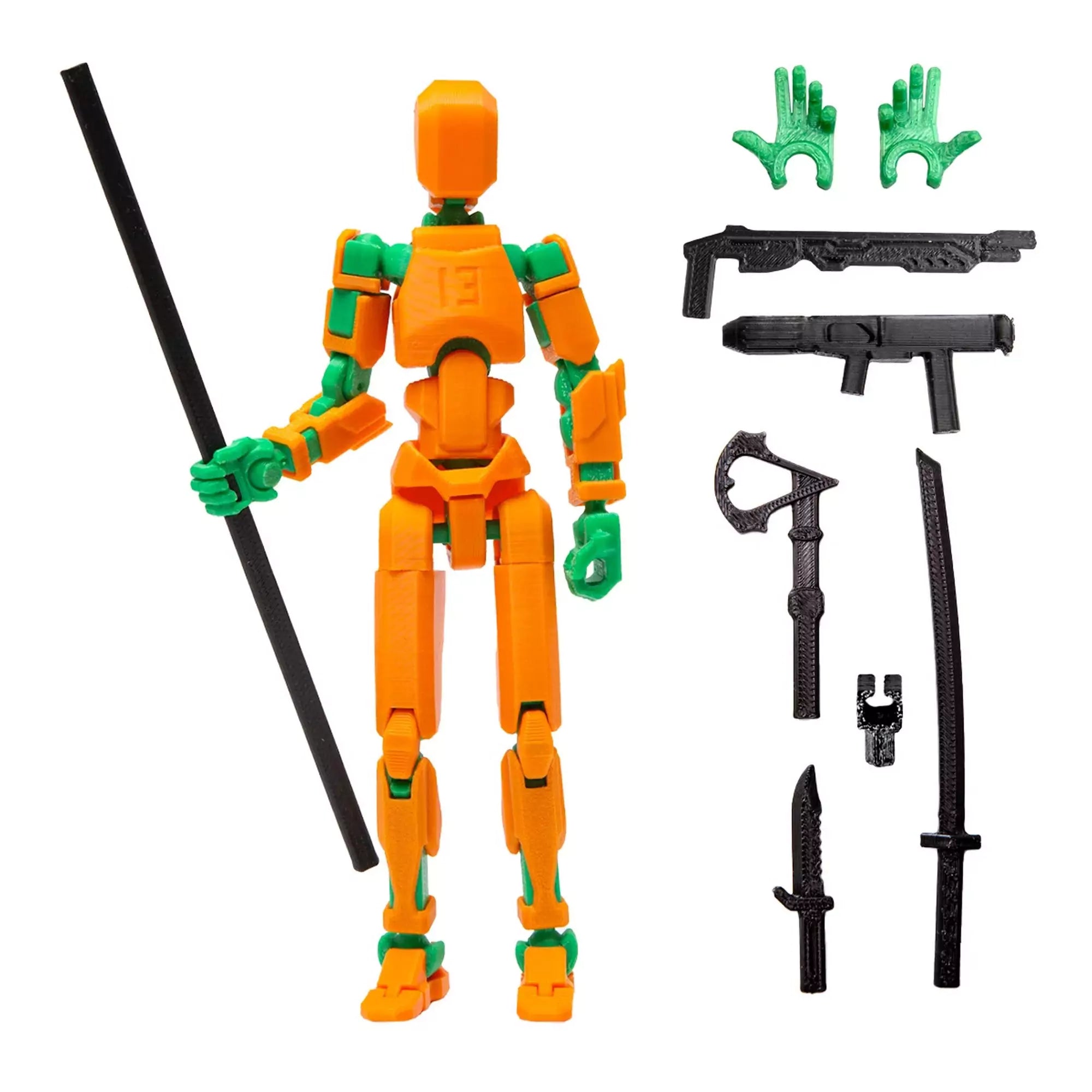 3D Robotfigura R13: Narancssárga-zöld teljes fegyverzettel – A mozgatható robotfigura és tartozékai, beleértve a shotgun-t, kardokat és egyéb fegyvereket.