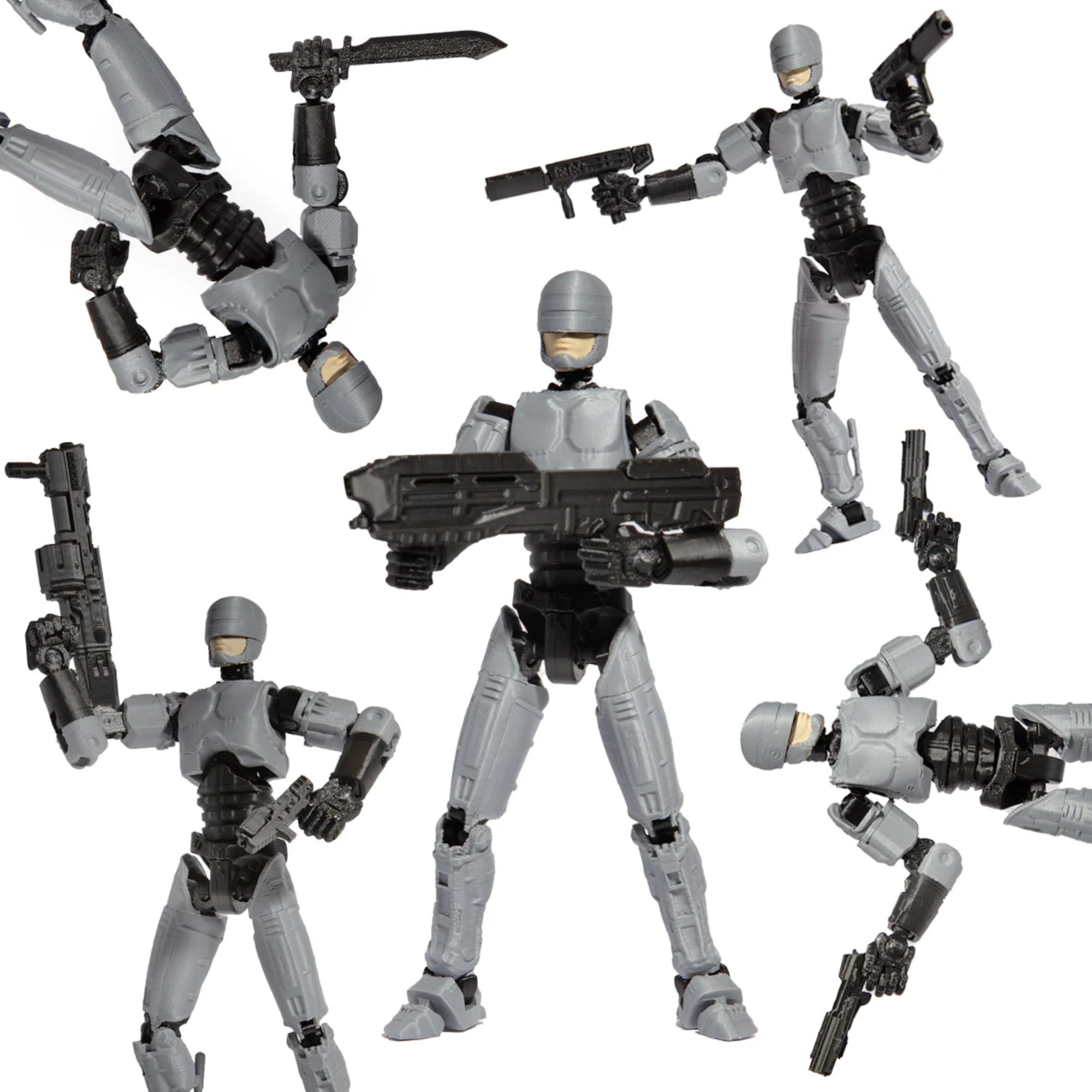 R13 Robocop akciófigura különböző dinamikus pózokban. A képen az R13 robotfigura többféle harci és akciópozícióban látható, különböző fegyverekkel és kiegészítőkkel felszerelve.