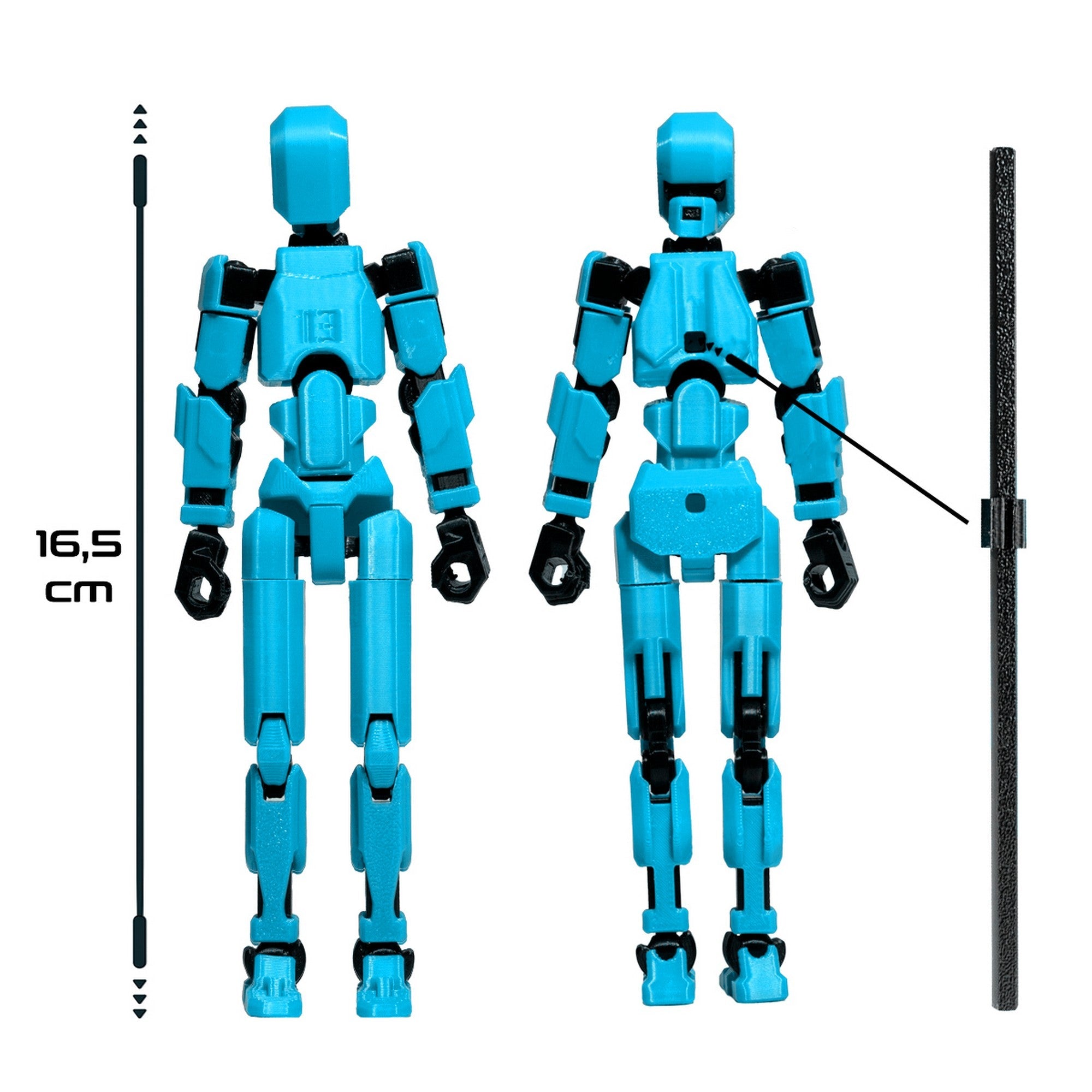3D Robotfigura R13: Türkiz – Elölnézet és hátulnézet, méretjelöléssel (16,5 cm) és a tartozékok rögzítésére szolgáló ponttal.