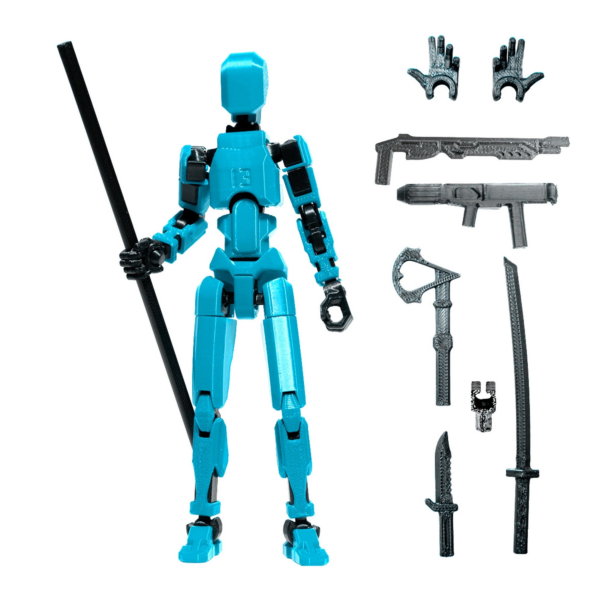 3D Robotfigura R13: Türkiz – A figura és tartozékai: különböző fegyverek és cserélhető kezek.