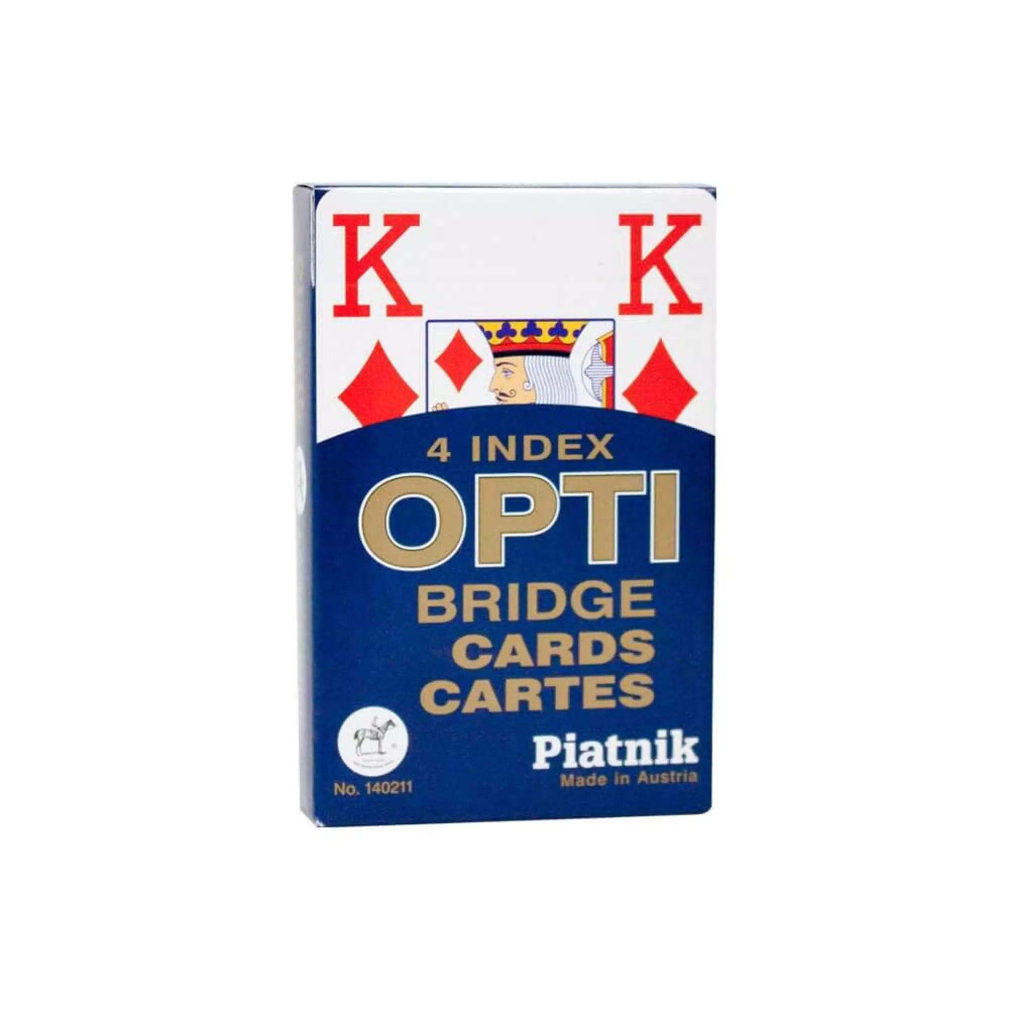 Piatnik Opti Bridge kártyapakli – kék dobozban érkező, 4 indexszel ellátott klasszikus játékkártyák bridzshez és más kártyajátékokhoz.