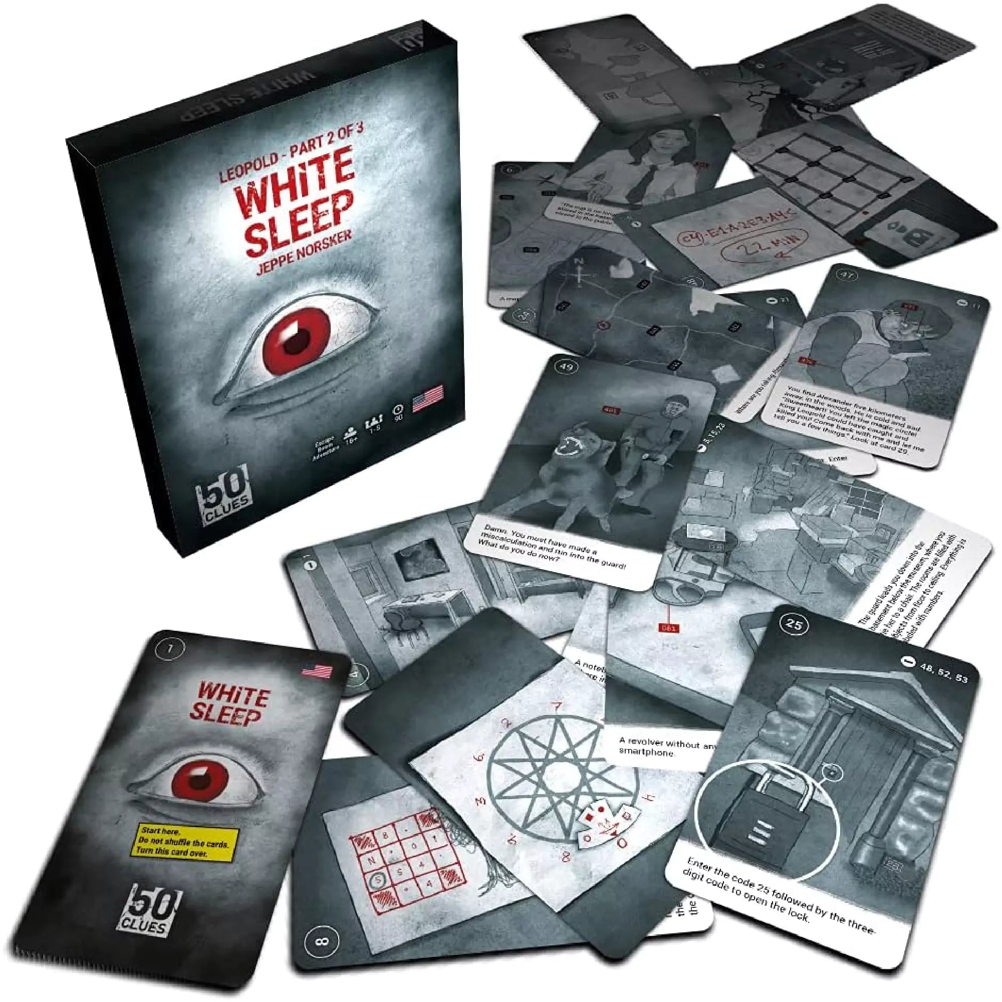 A 50 Clues: White Sleep társasjáték kibontott tartalma: a doboz mellett több fekete-fehér, szöveges és illusztrált játékkártya látható, rejtélyes és sötét hangulattal.