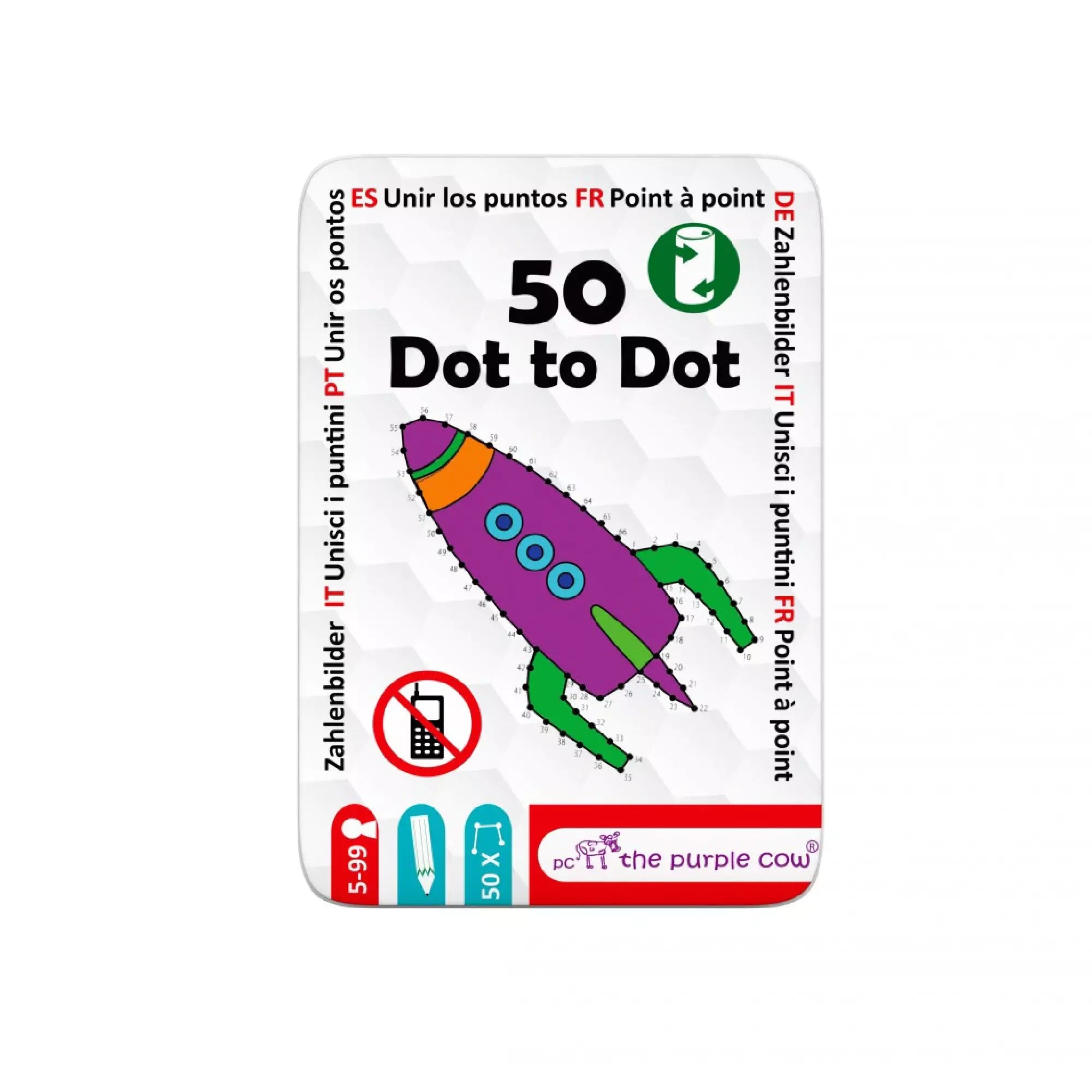 The Purple Cow – 50 Dot to Dot játék fémdobozos kiadásának elölnézeti képe, rakéta motívummal díszített borítóval.