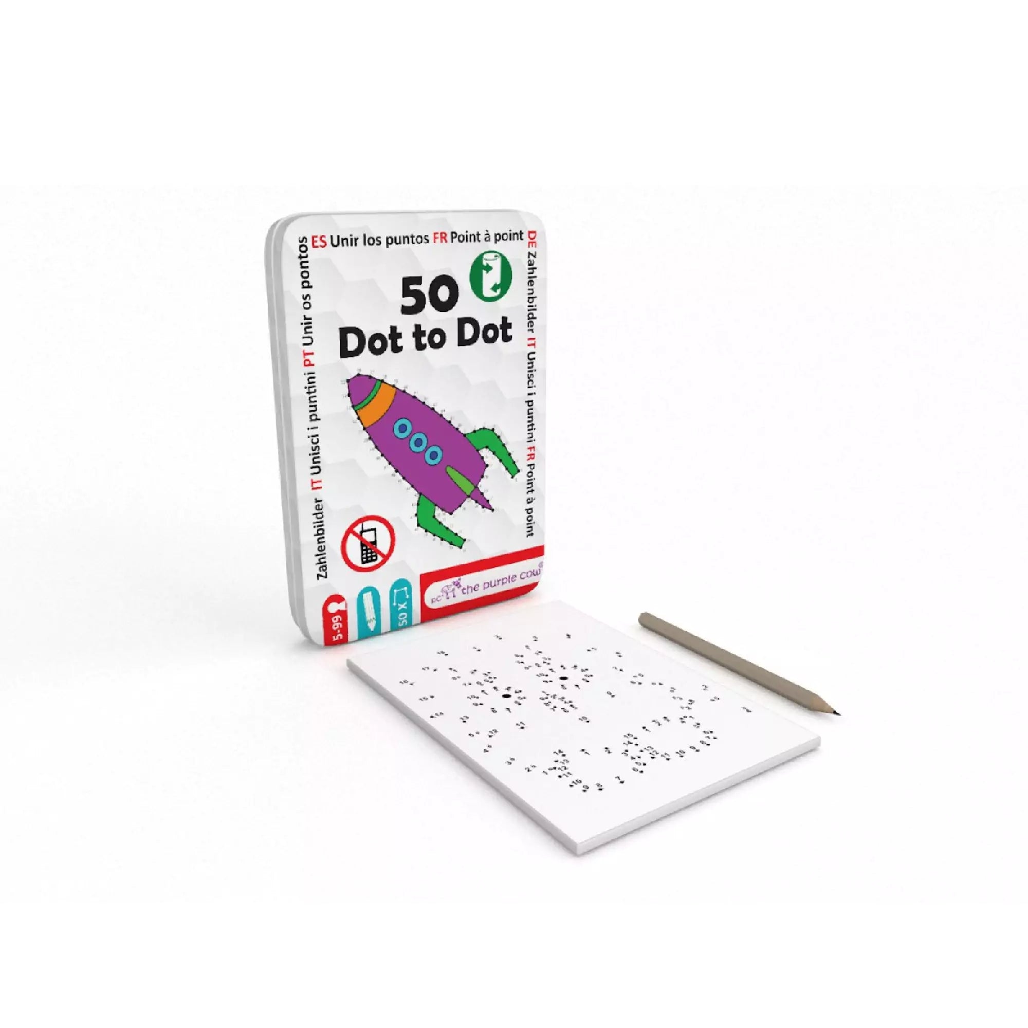 The Purple Cow – 50 Dot to Dot játék fémdobozban, mellette ceruza és pöttyösszám összekötős feladatlap látható.