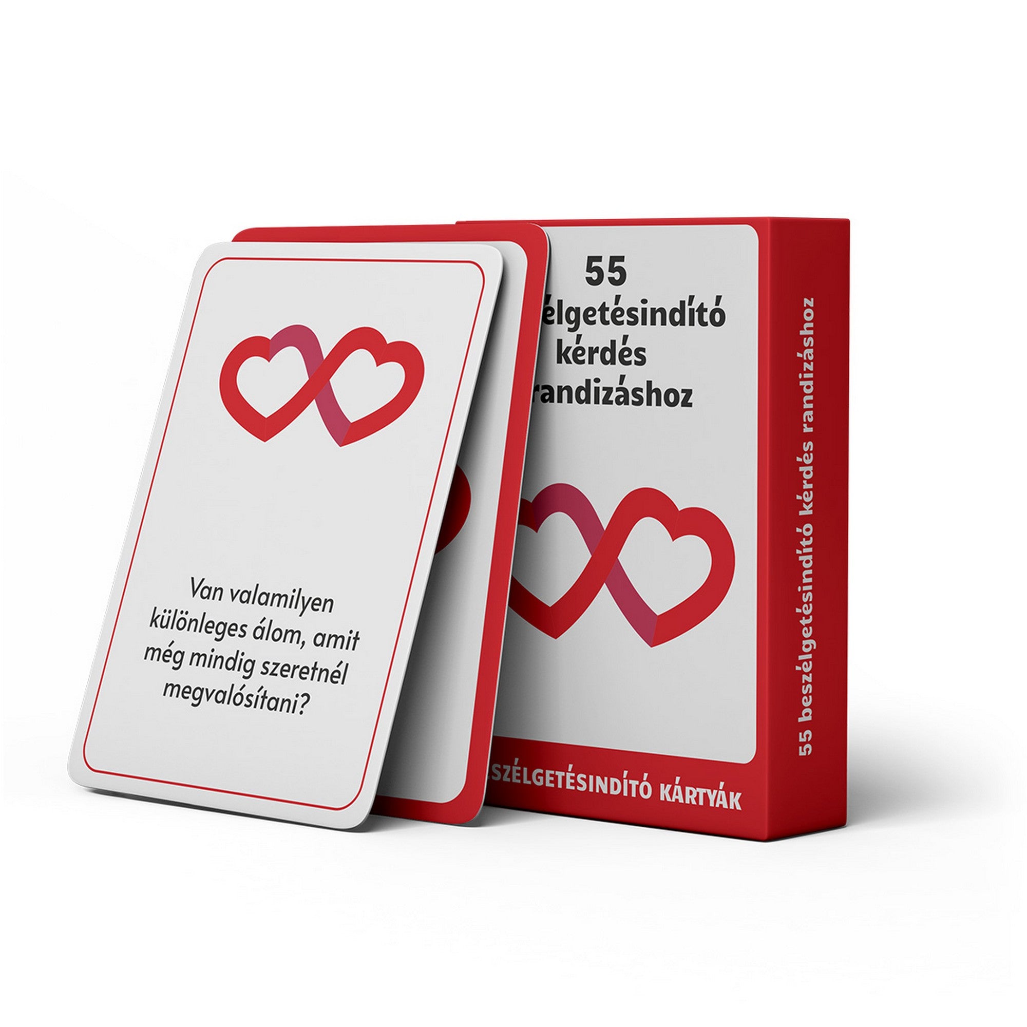55 beszélgetésindító kérdés randizáshoz beszélgetésindító kártyák borítója romantikus és könnyed beszélgetésekhez.