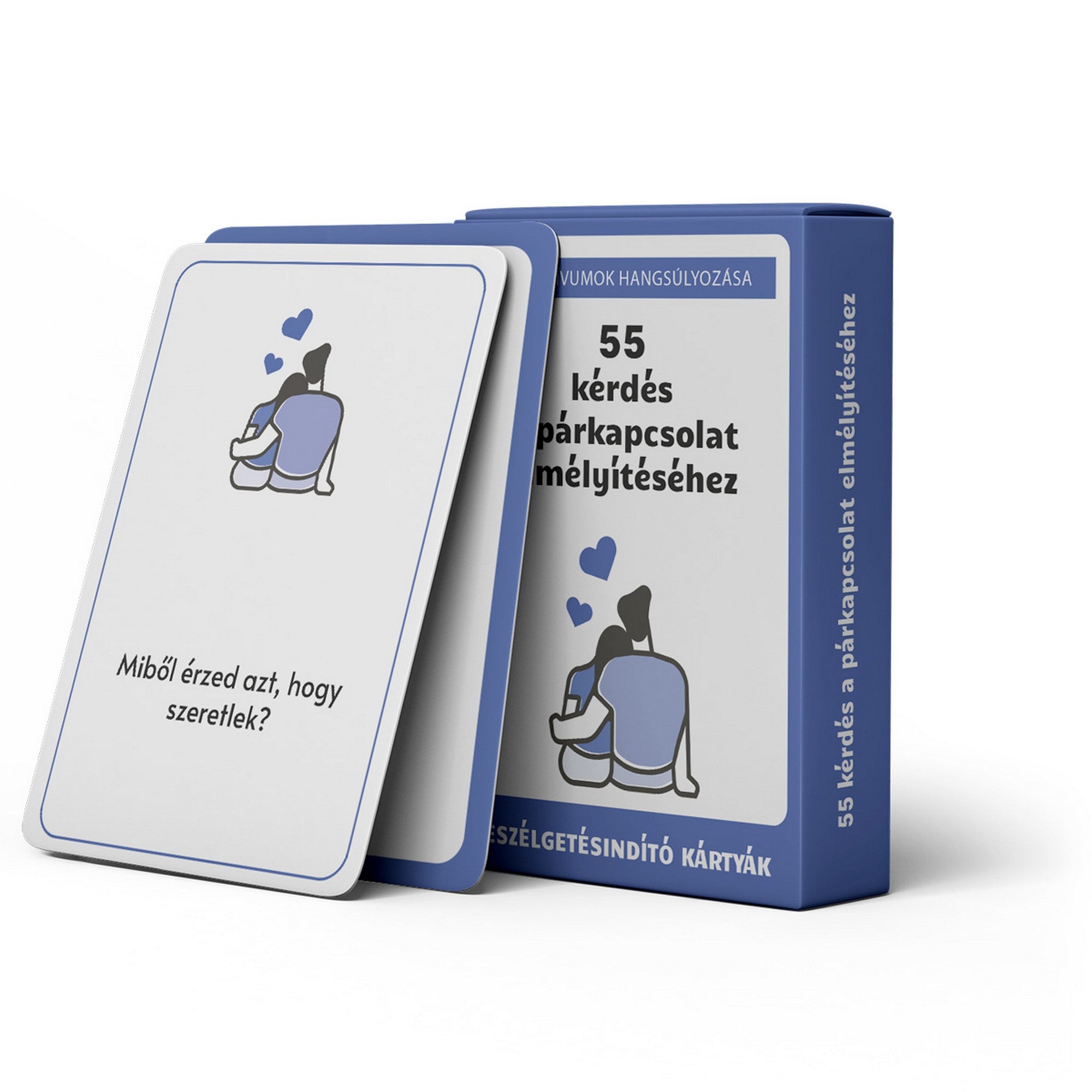 55 kérdés a párkapcsolat elmélyítéséhez kártyajáték doboza és kérdéskártyái pároknak szóló beszélgetésekhez.