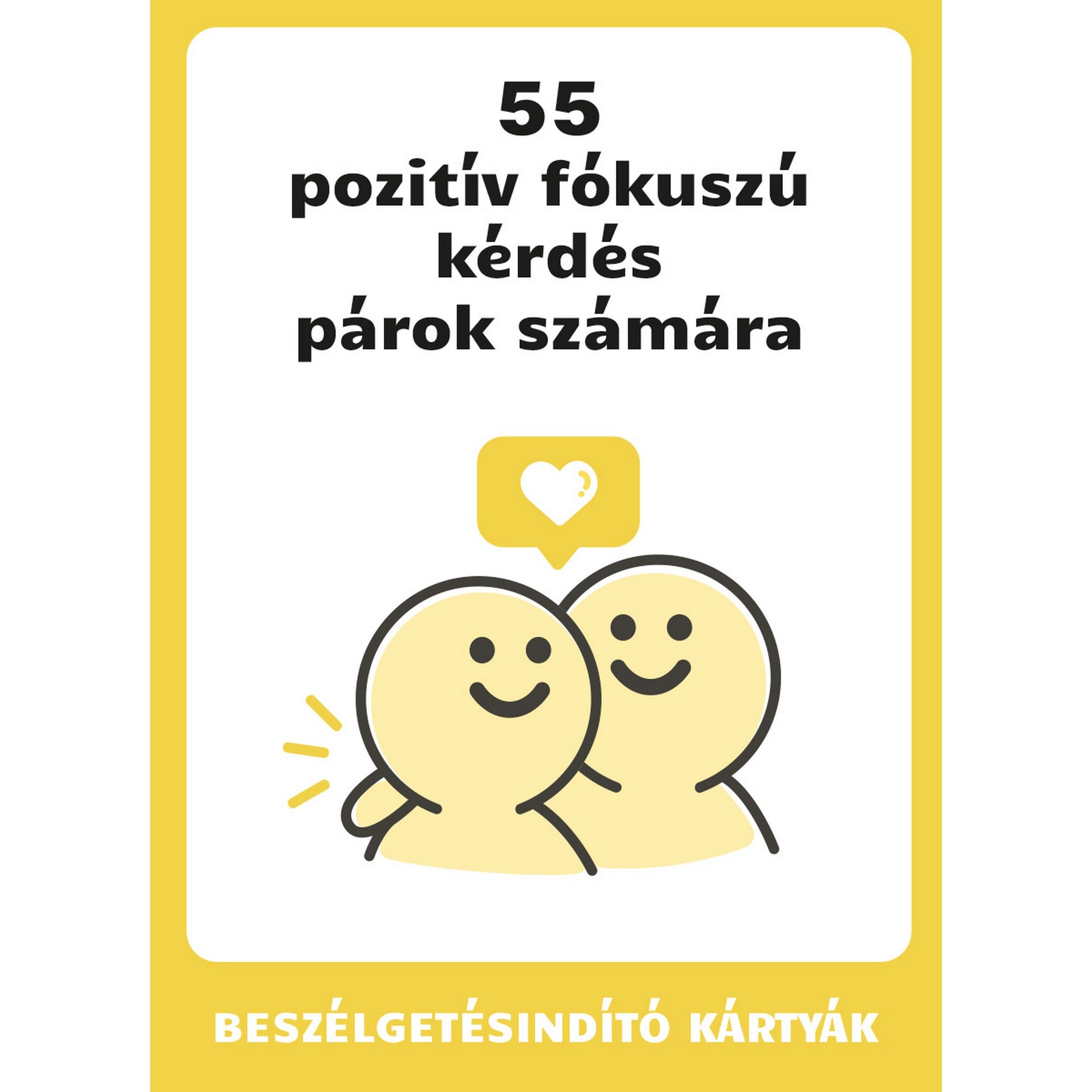 55 pozitív fókuszú kérdés párok számára kártyajáték borítója, párkapcsolati beszélgetést segítő kérdéskártyákkal.