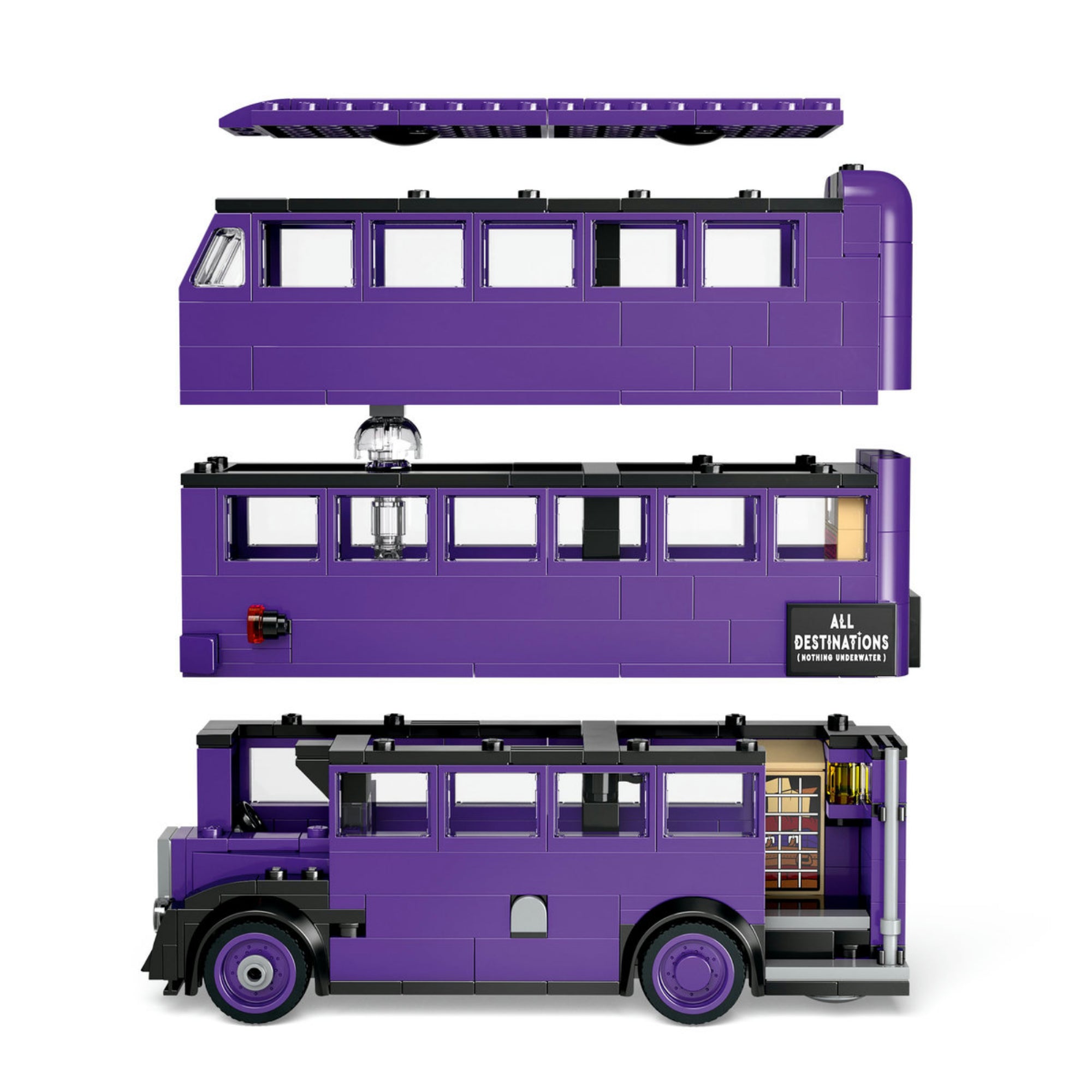 A LEGO® Kóbor Grimbusz™ modell szétszerelt nézete, amely megmutatja a belső tereket, a mozgatható ágyakat és a különleges részleteket.