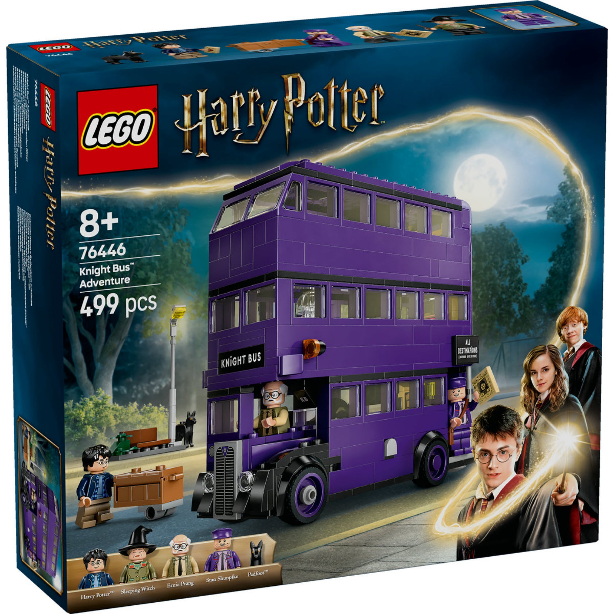 A LEGO® Harry Potter™ Kalandok a Kóbor Grimbusz™-on (76446) szett doboza, amelyen a híres lila, háromemeletes varázsbusz látható, Harry Potterrel és a karakterekkel.