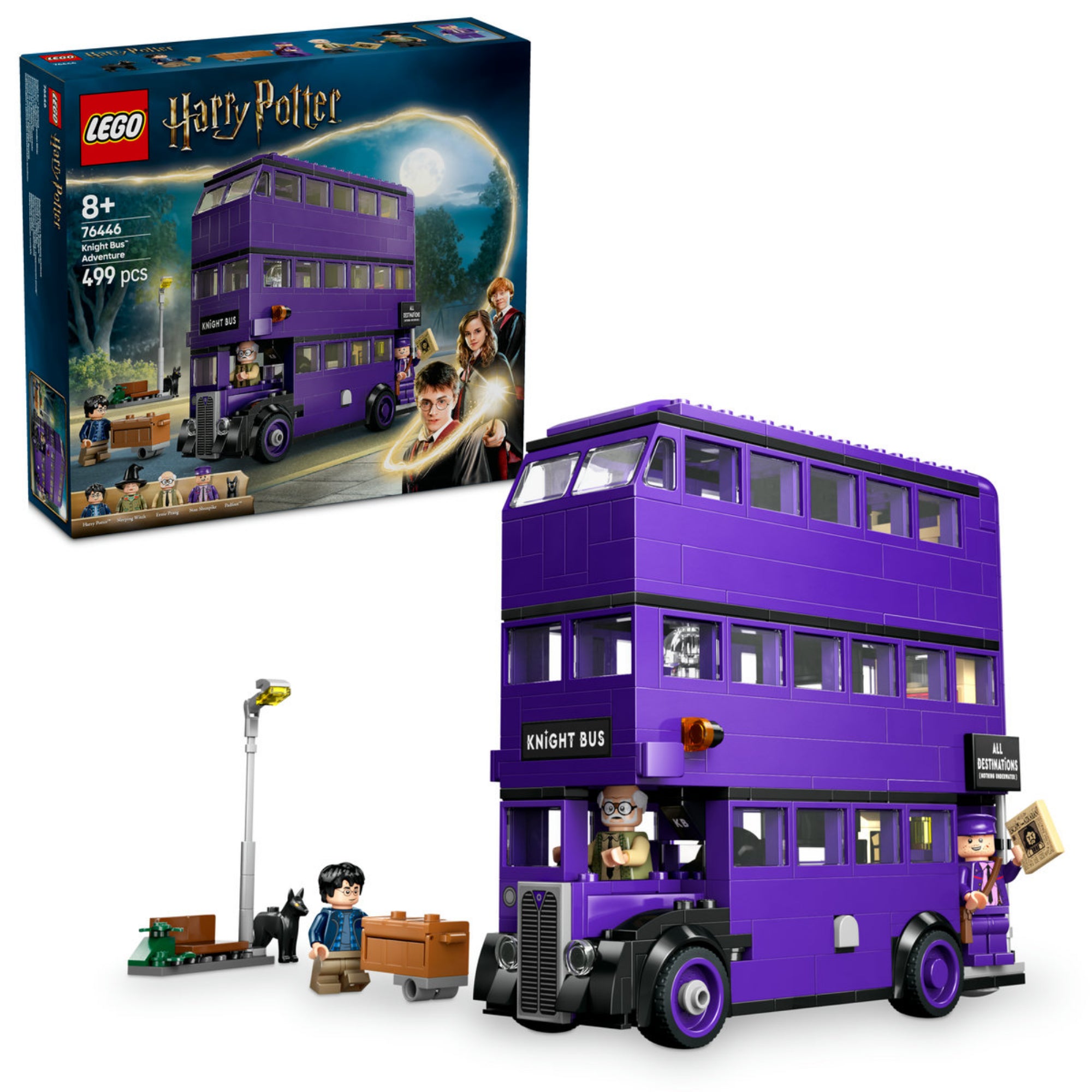A LEGO® Harry Potter™ Kóbor Grimbusz™ készlet teljes tartalma, beleértve a háromemeletes buszt, a minifigurákat, a lámpaoszlopot és az egyéb kiegészítőket.