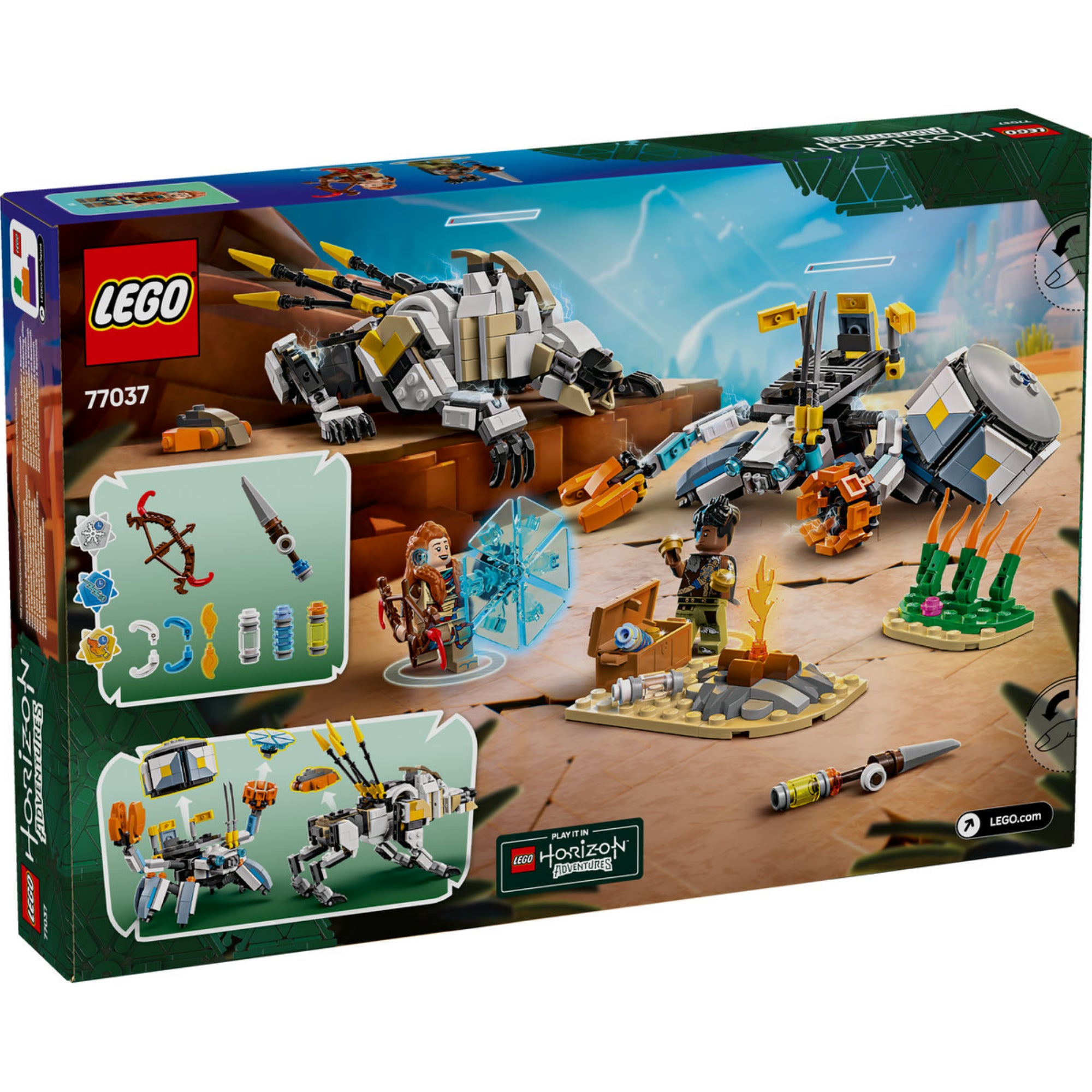 A LEGO® Horizon Adventures™ (77037) szett dobozának hátoldala, amely a játéklehetőségeket, a minifigurák fegyvereit és a gépszörnyek mozgatható elemeit mutatja be.