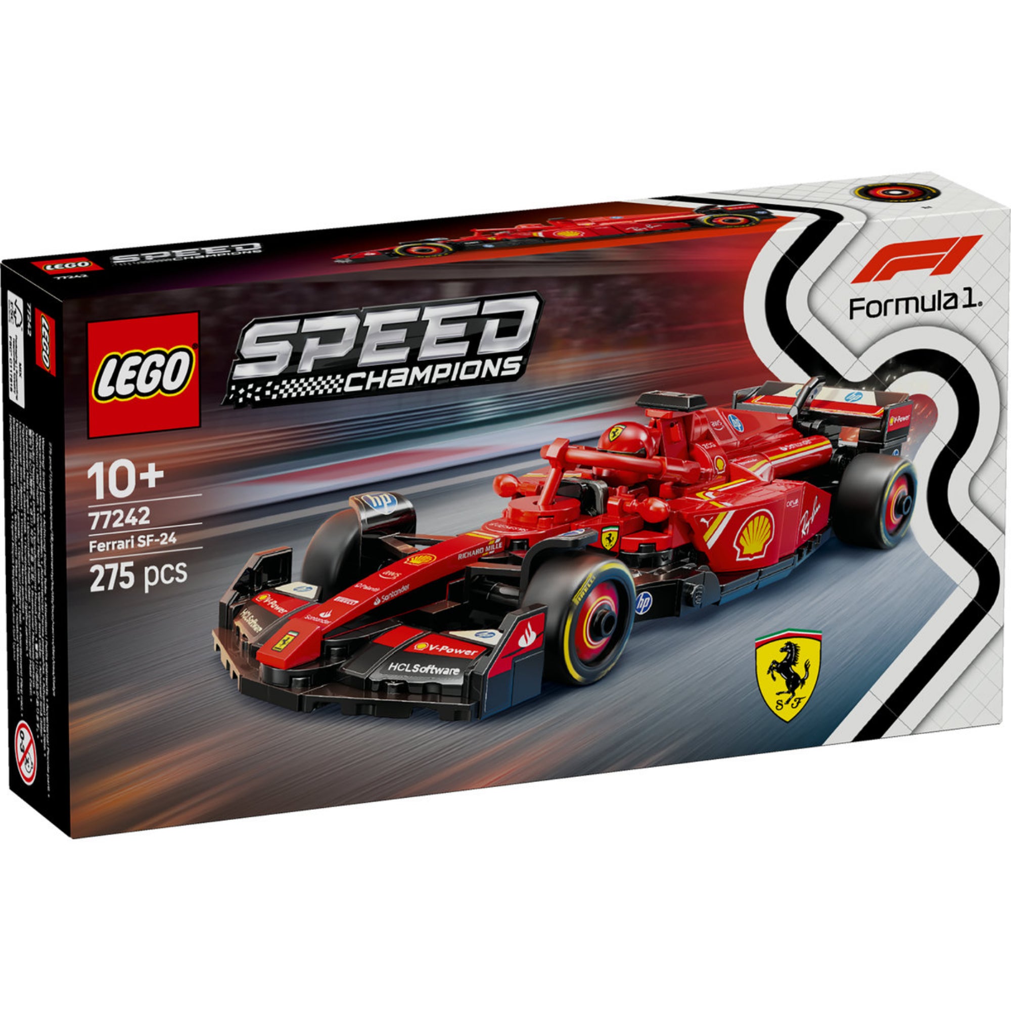 A LEGO Speed Champions Ferrari SF-24 (77242) készlet látványos doboza, amelyen az autó nagy sebességgel halad a versenypályán.