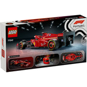 A LEGO Ferrari SF-24 készlet hátoldala, amely különböző nézetekben mutatja az autómodellt, a minifigurát, a sisakot és az autó felülnézeti képét.