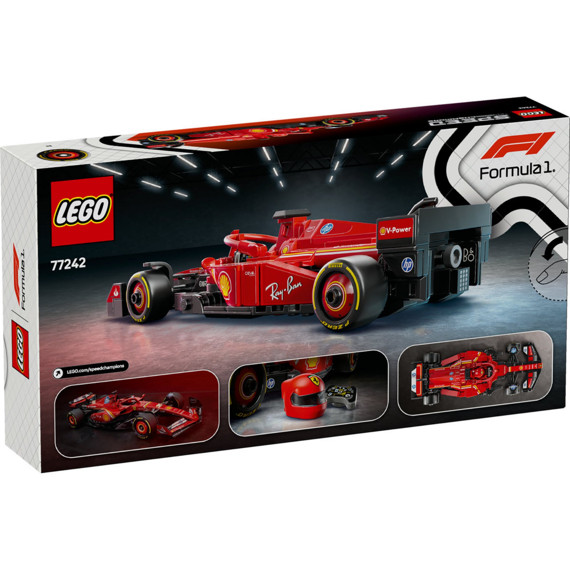 A LEGO Ferrari SF-24 készlet hátoldala, amely különböző nézetekben mutatja az autómodellt, a minifigurát, a sisakot és az autó felülnézeti képét.